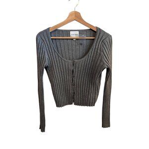 Pink Rose Gray Long Sleeve Sweater Ribbed Button Up Cardigan Women's Size M